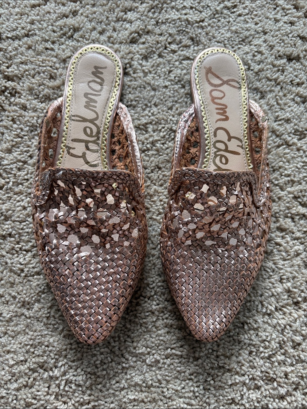 Sam Edelman Metallic Rose Gold Woven Pointed Slide Mules
